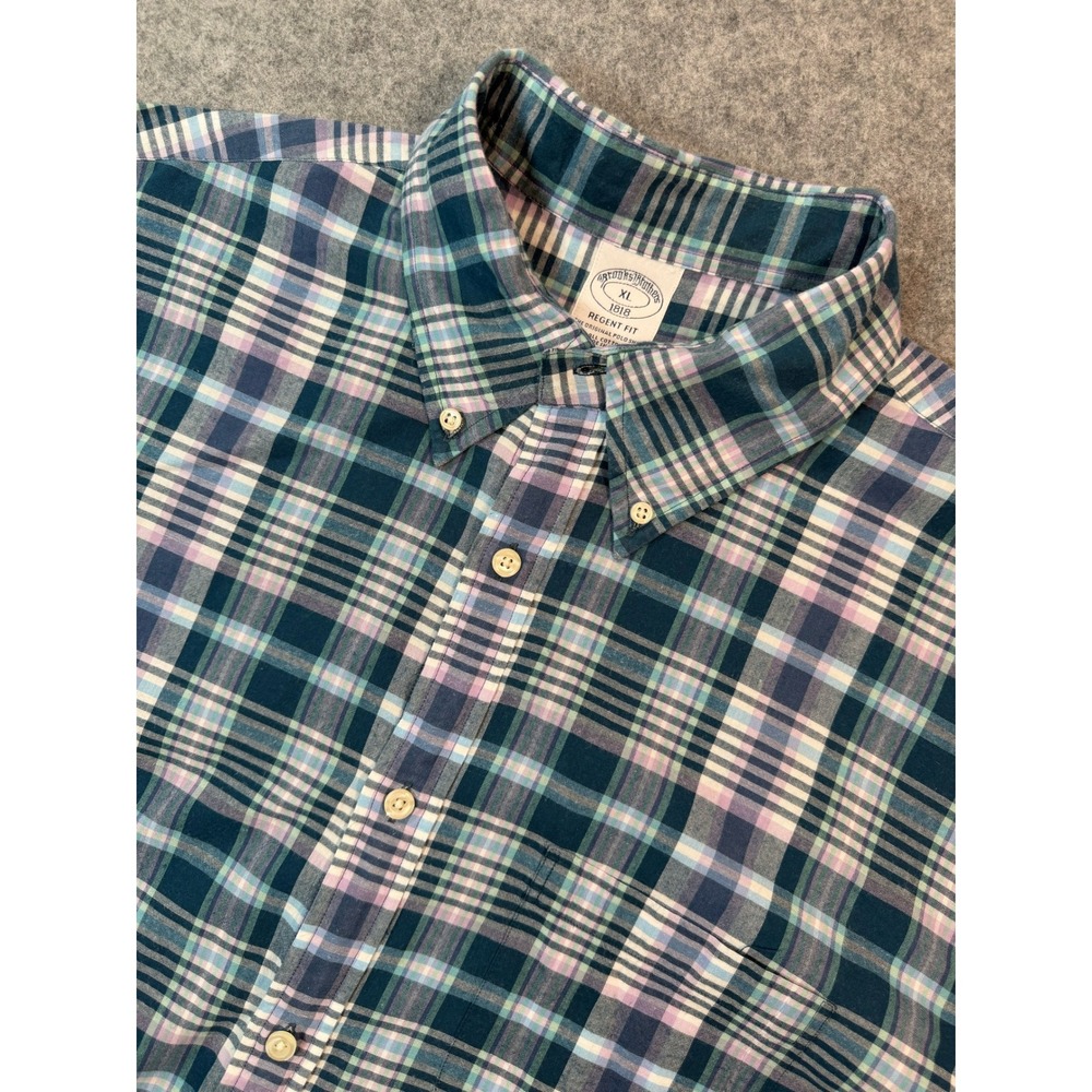 Brooks Brothers Regent Fit Plaid Short Sleeve Shirt Mens XL Teal Purple Cotton